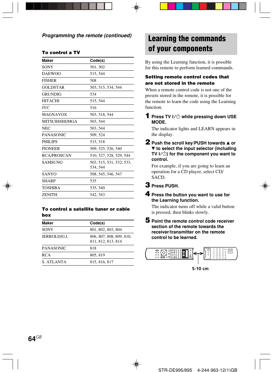 Learning the commands of your, Components, Learning the commands of your components | Programming the remote (continued) | Sony STR-DE895 User Manual | Page 64 / 76