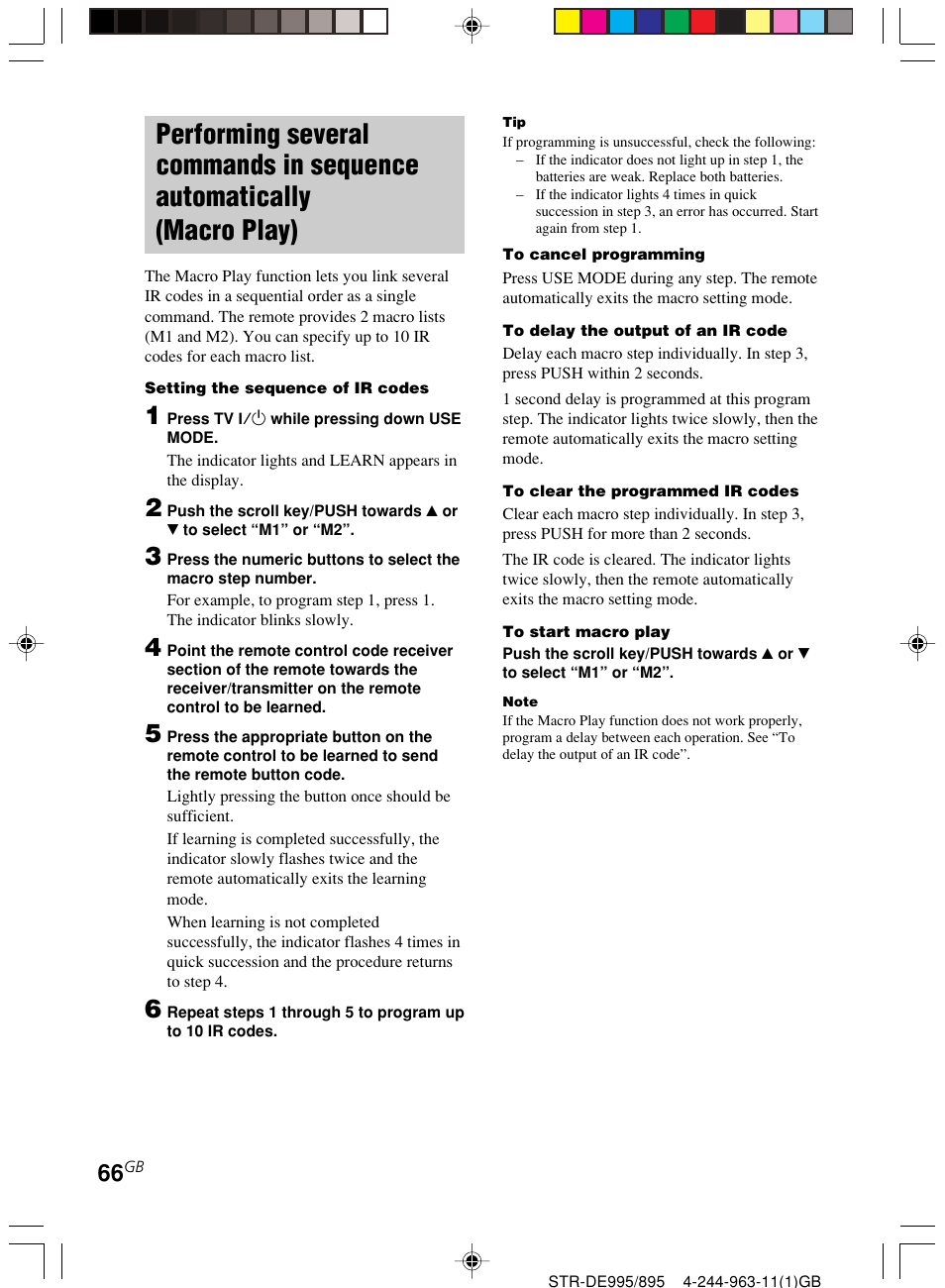 Performing several commands in sequence, Automatically (macro play) | Sony STR-DE895 User Manual | Page 66 / 76