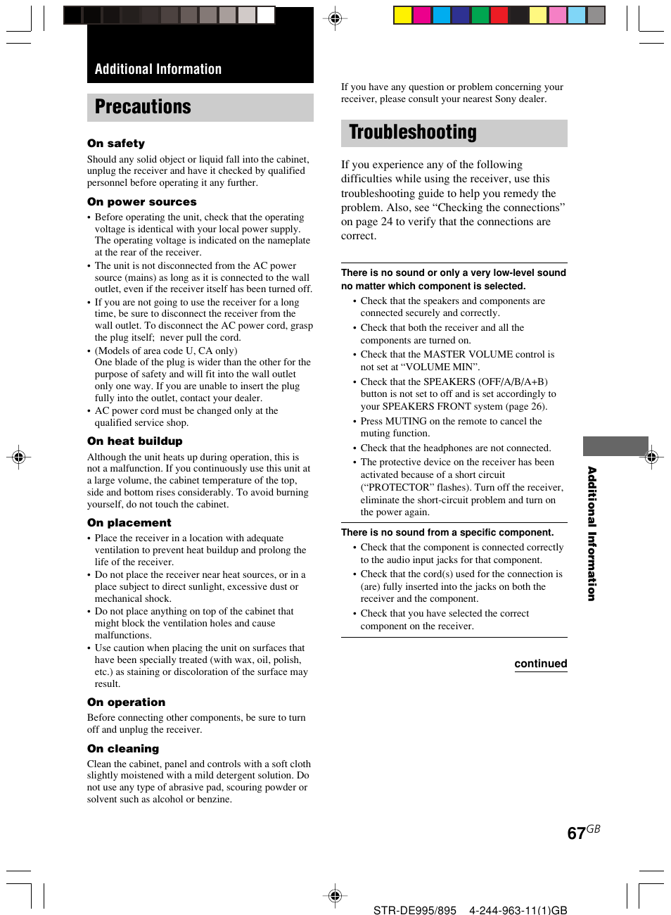 Additional information, Precautions troubleshooting, Troubleshooting | Precautions | Sony STR-DE895 User Manual | Page 67 / 76