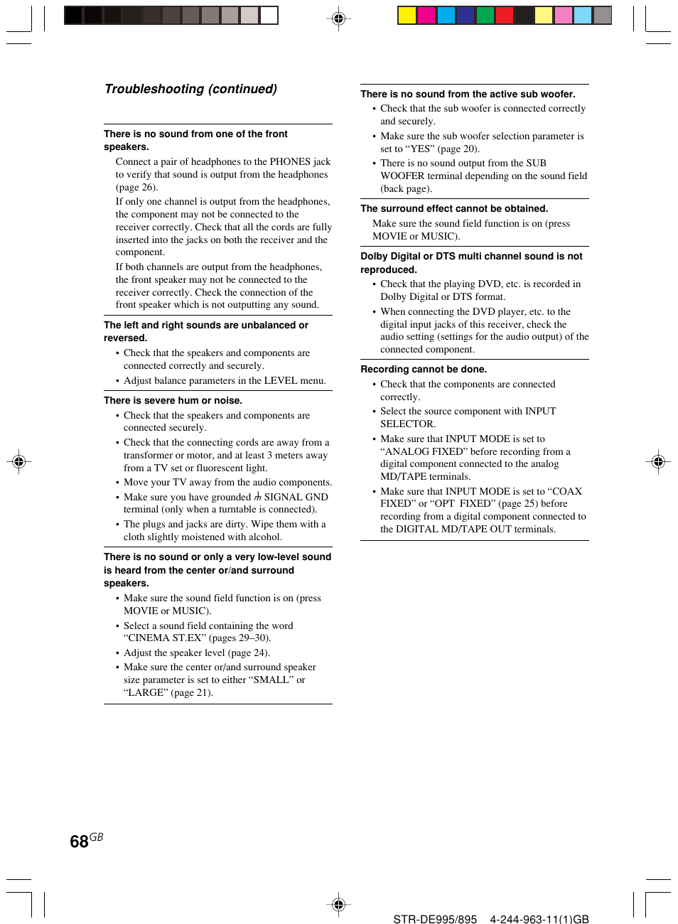 Troubleshooting (continued) | Sony STR-DE895 User Manual | Page 68 / 76