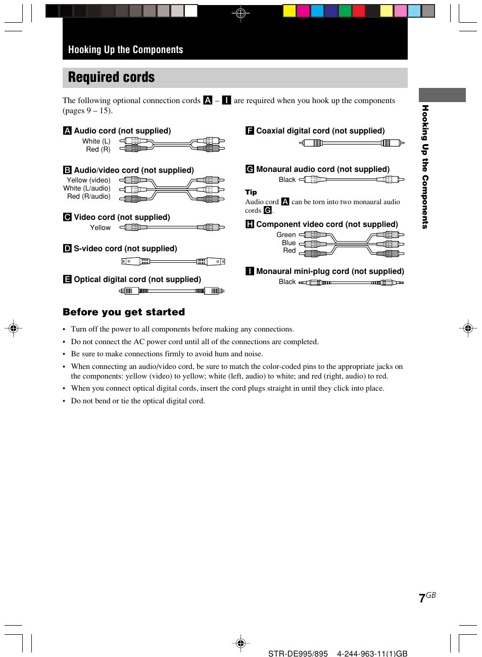 Required cords, Hooking up the components before you get started | Sony STR-DE895 User Manual | Page 7 / 76