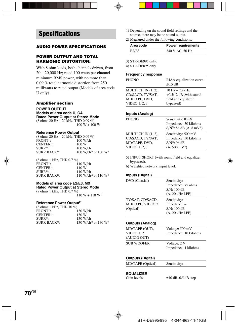 Specifications | Sony STR-DE895 User Manual | Page 70 / 76