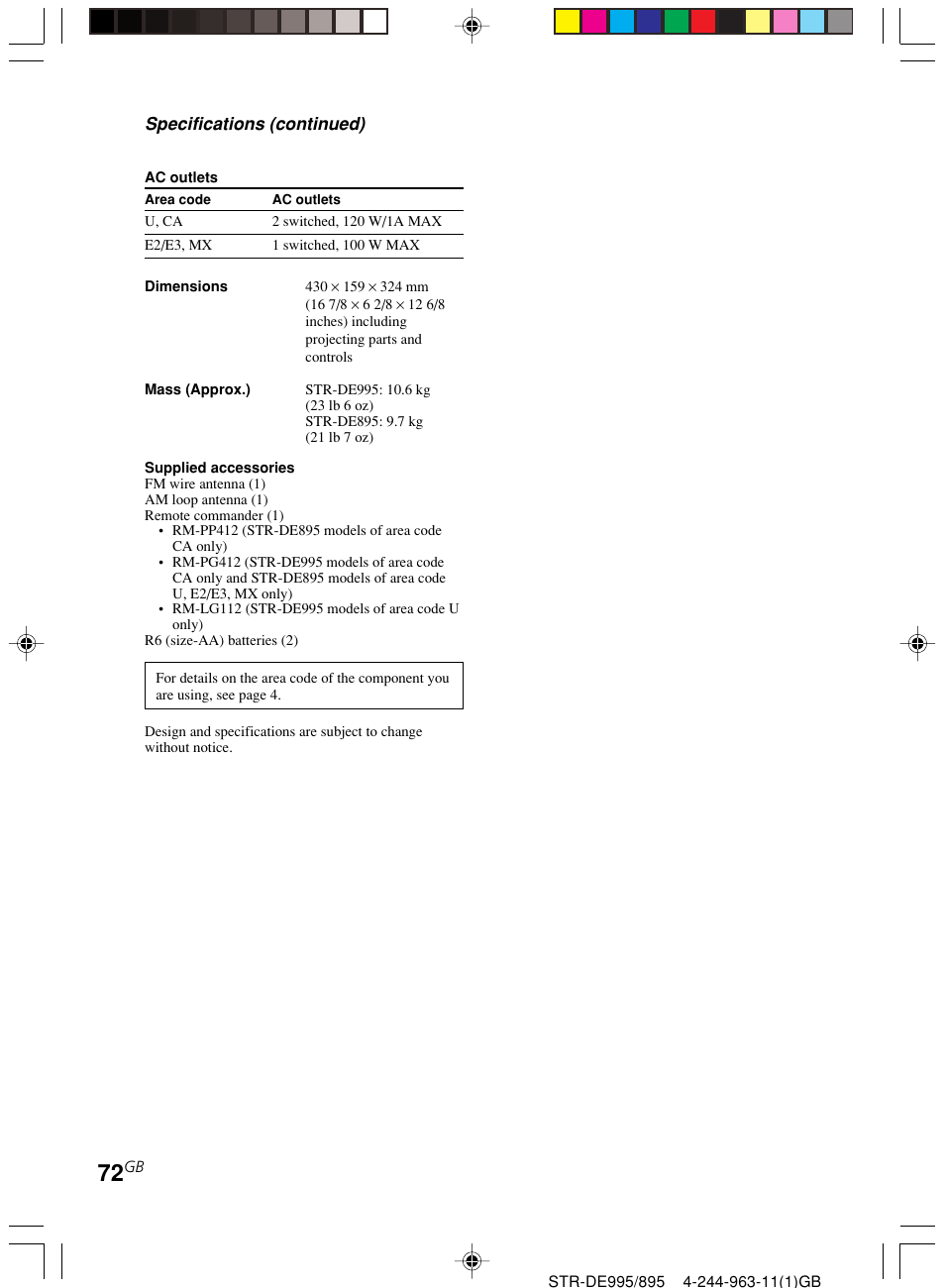 Specifications (continued) | Sony STR-DE895 User Manual | Page 72 / 76