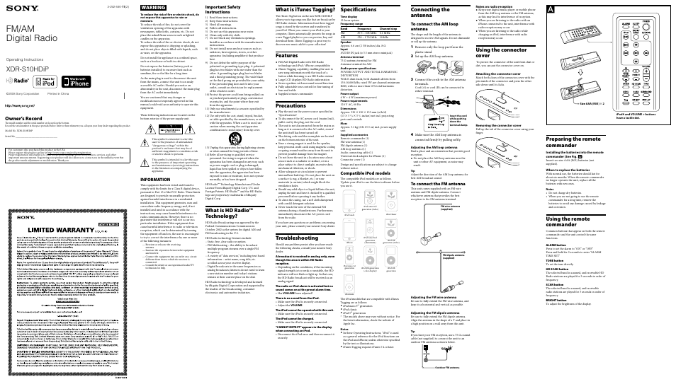 Sony XDR-S10HDiP User Manual | 2 pages