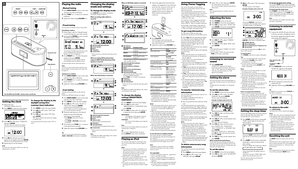 Playing the radio, Changing the display mode and settings, Playing an ipod | Setting the clock, Using itunes tagging, Adjusting the tone, Listening to surround sound, Setting the alarm, Setting the sleep timer, Listening to external equipment | Sony XDR-S10HDiP User Manual | Page 2 / 2