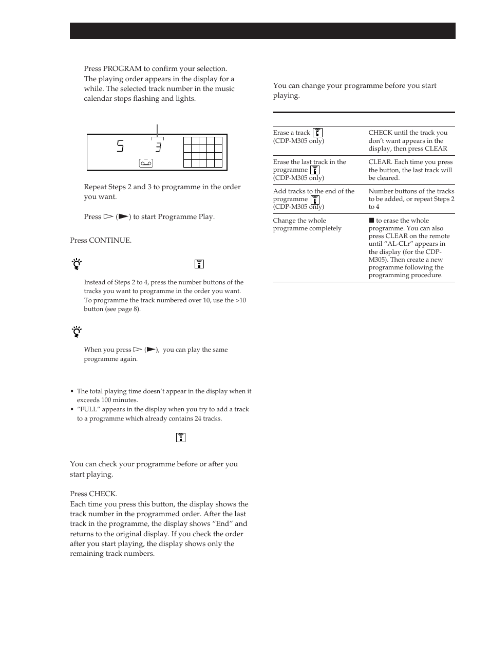 Playing cds 3, Checking the track order (cdp-m305 only), Changing the track order | Sony CDP-M305 User Manual | Page 10 / 38