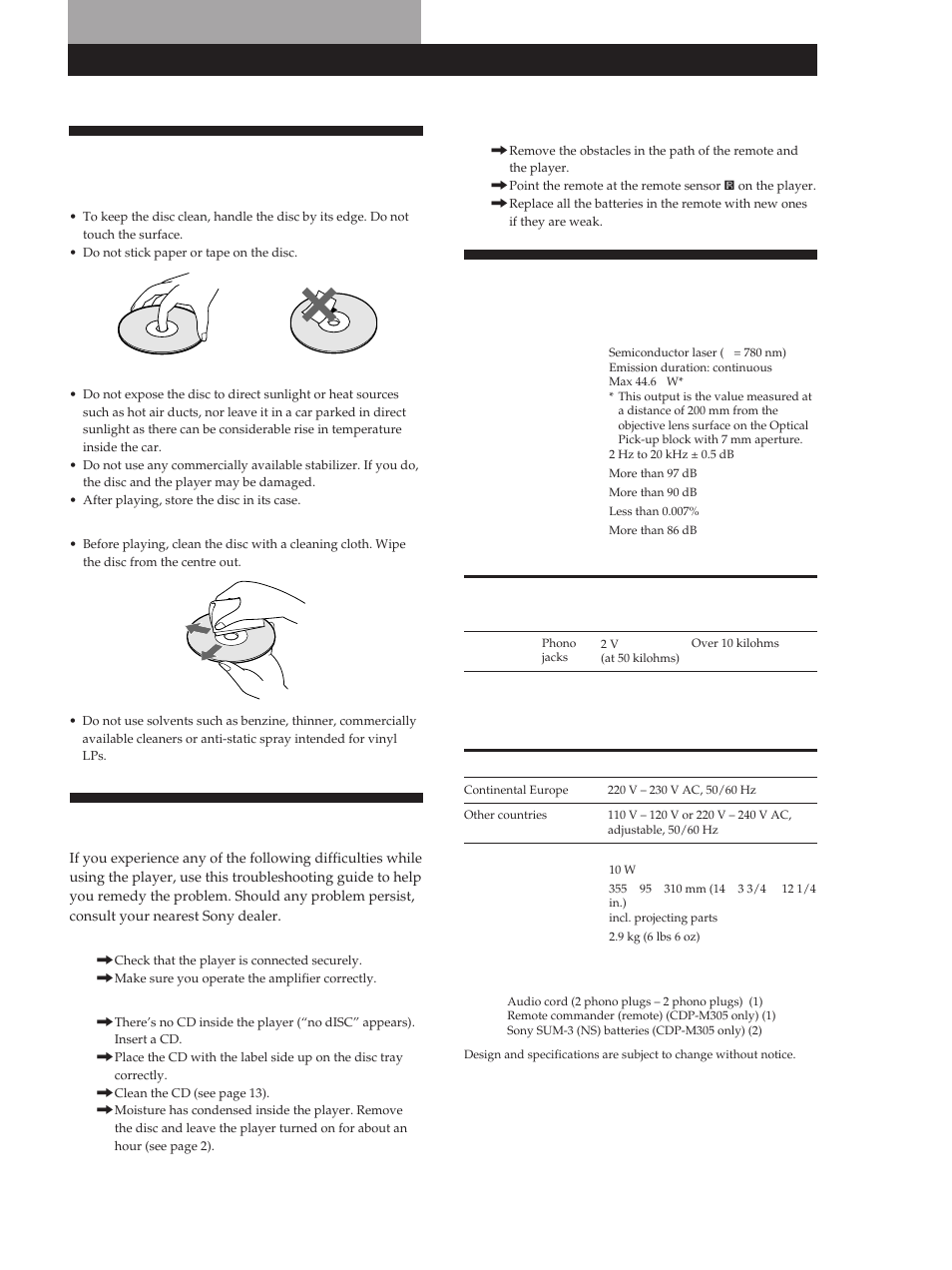 Troubleshooting, Specifications, Additional information | Sony CDP-M305 User Manual | Page 13 / 38