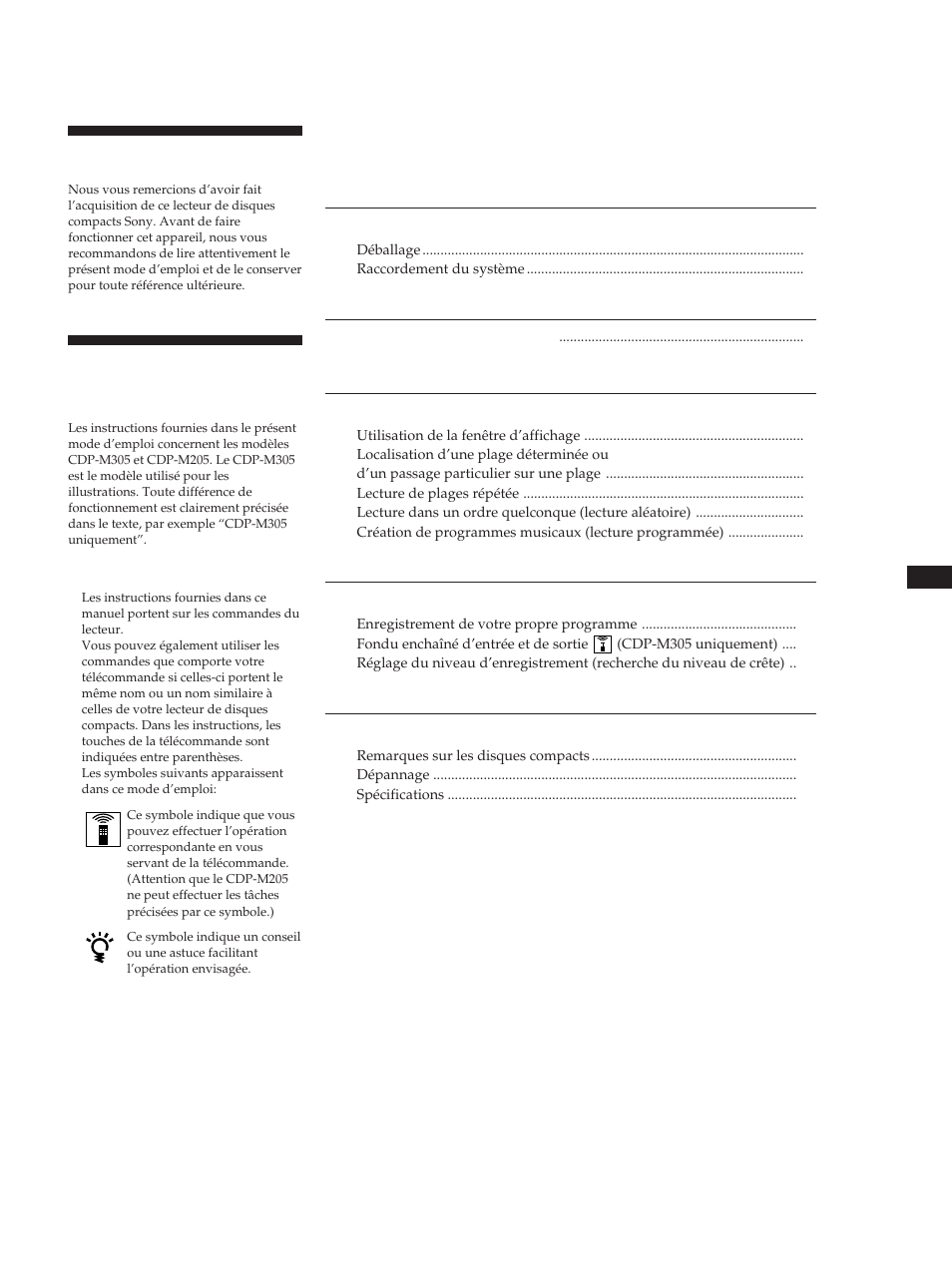 Able des matieres, Bienvenue, A propos de ce manuel | Sony CDP-M305 User Manual | Page 15 / 38