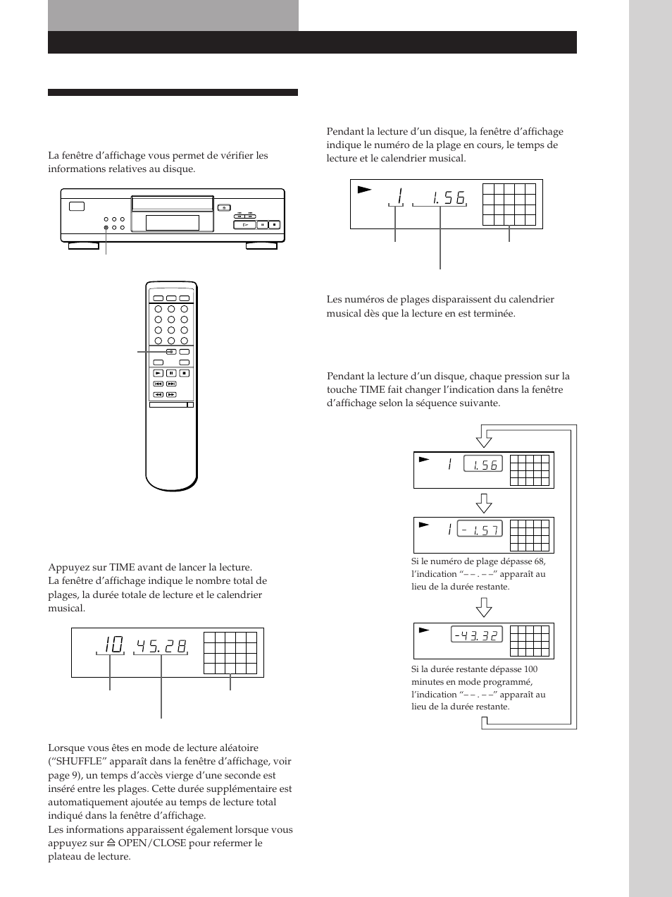 Utilisation de la fenêtre d’affichage, Op é rations de base lecture de disques compacts, Vérification de la durée résiduelle | Sony CDP-M305 User Manual | Page 19 / 38