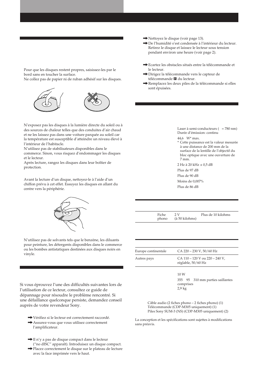 Remarques sur les disques compacts, Spécifications, Dépannage | Informations complémentaires | Sony CDP-M305 User Manual | Page 25 / 38