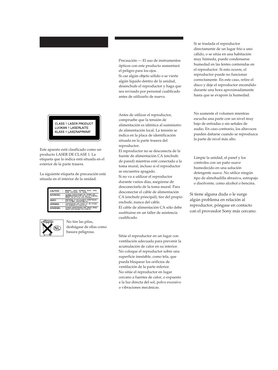 Precauciones, Advertencia | Sony CDP-M305 User Manual | Page 26 / 38