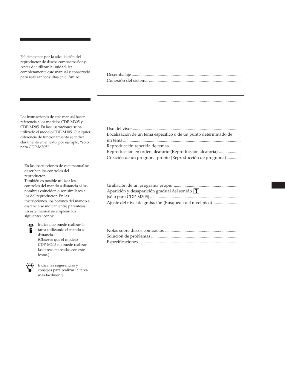 Bienvenido, Acerca de este manual, Ndice | Sony CDP-M305 User Manual | Page 27 / 38