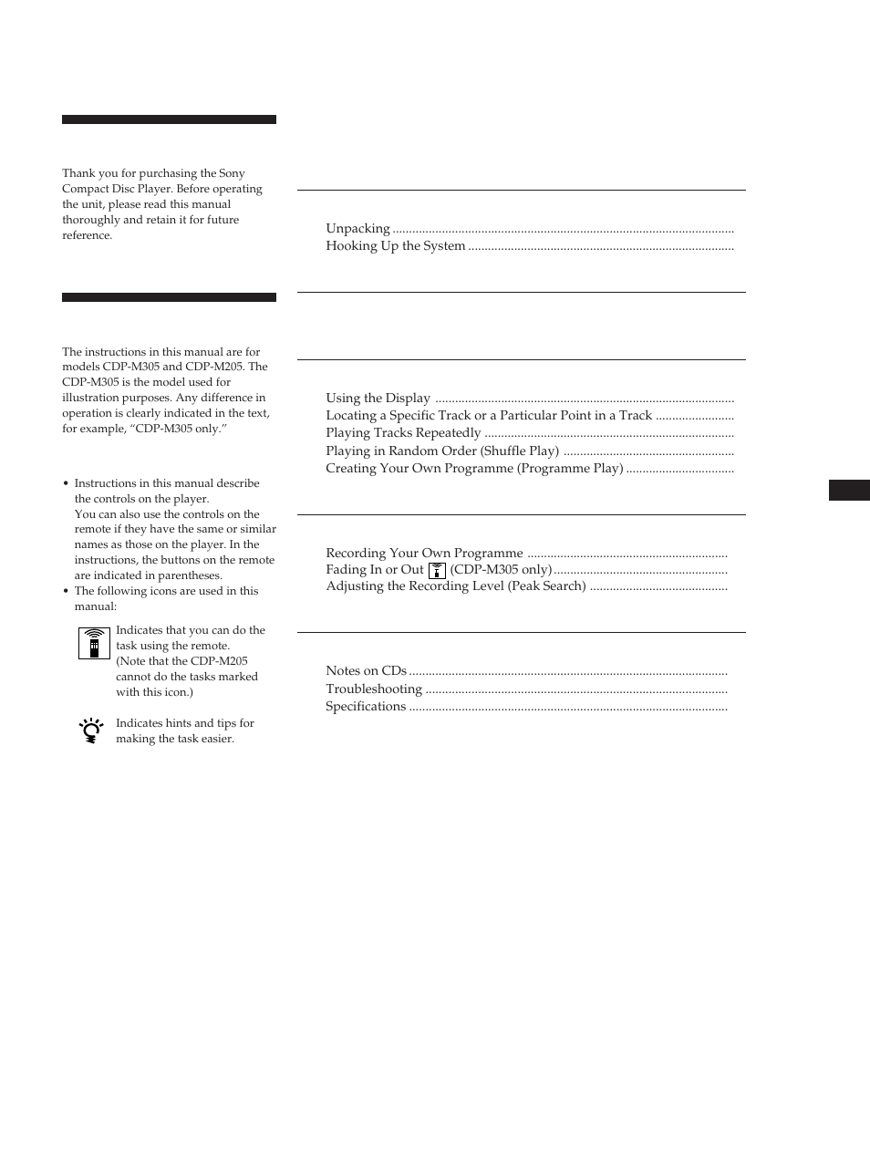 Able of contents, Welcome, About this manual | Sony CDP-M305 User Manual | Page 3 / 38