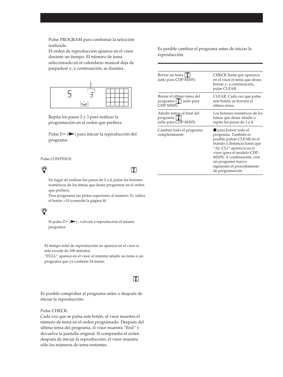 Reproducción de discos compactos, Cambio del orden de temas | Sony CDP-M305 User Manual | Page 34 / 38