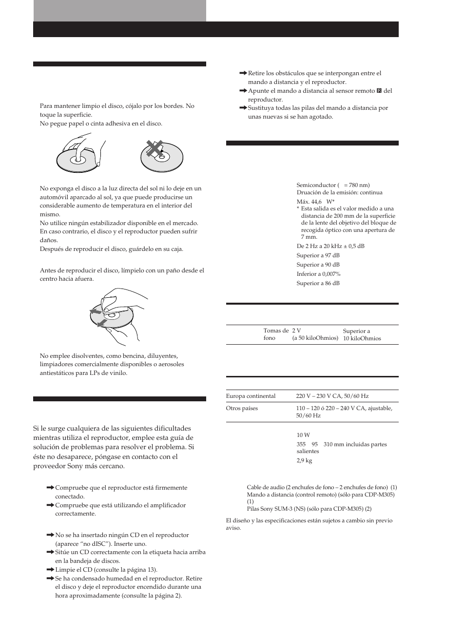 Notas sobre discos compactos, Especificaciones, Solución de problemas | Información adicional | Sony CDP-M305 User Manual | Page 37 / 38
