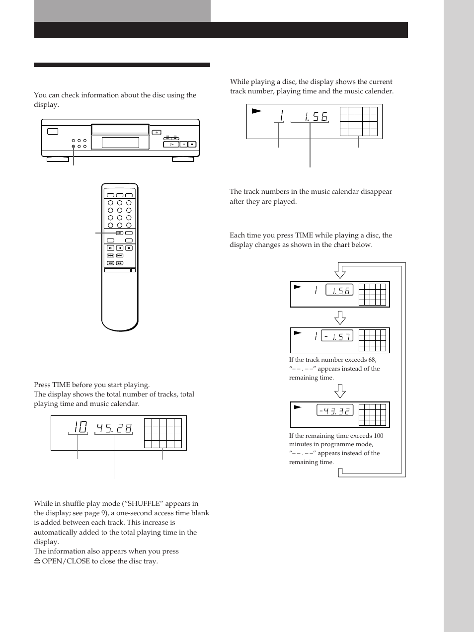 Using the display, Playing cds basic operations, Checking the remaining time | Display information while playing a disc | Sony CDP-M305 User Manual | Page 7 / 38