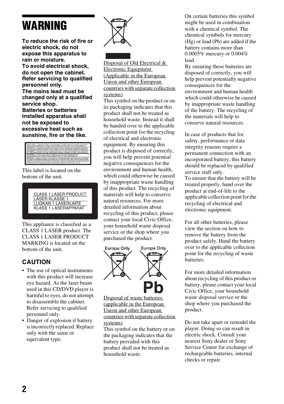 Warning | Sony DVP-FX740DT User Manual | Page 2 / 40