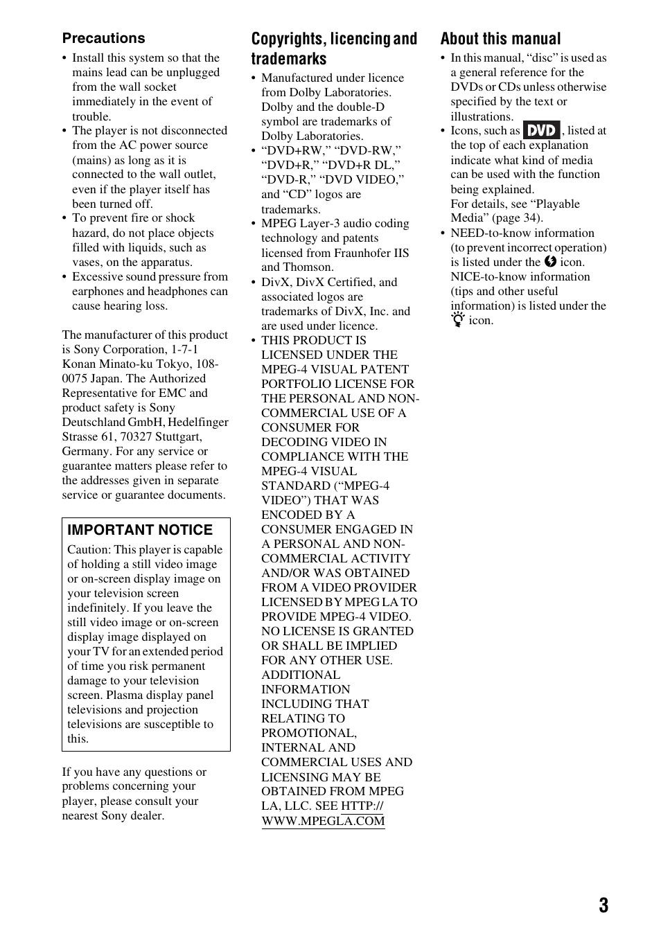 Copyrights, licencing and trademarks, About this manual | Sony DVP-FX740DT User Manual | Page 3 / 40