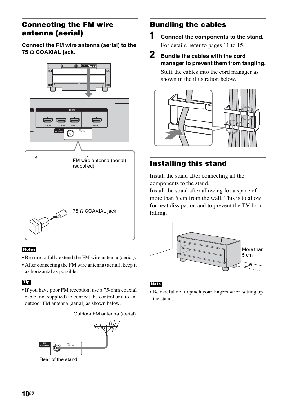 Connecting the fm wire antenna (aerial), Bundling the cables, Installing this stand | For details, refer to pages 11 to 15 | Sony RHT-G900 User Manual | Page 10 / 44