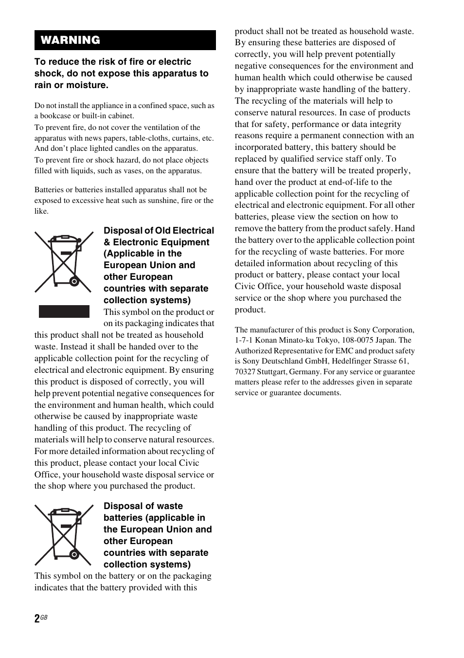 Warning | Sony RHT-G900 User Manual | Page 2 / 44