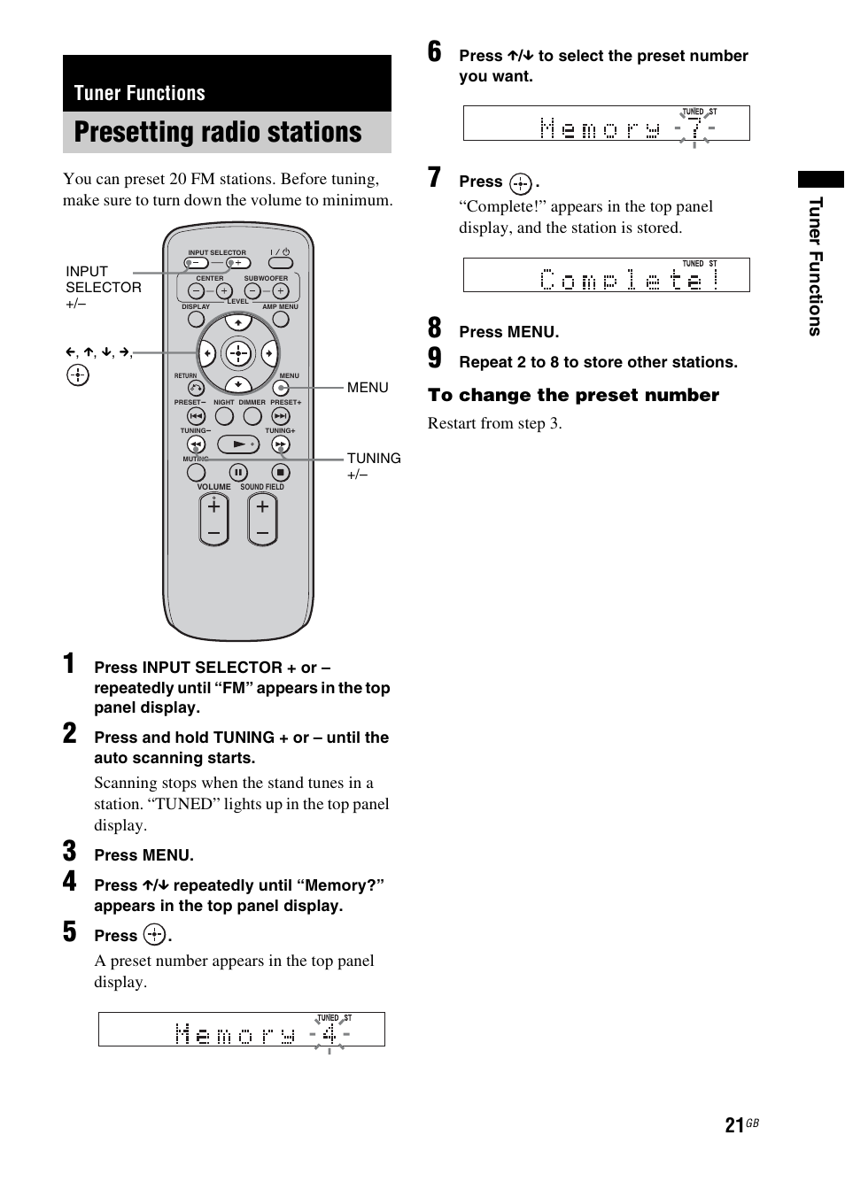 Tuner functions, Presetting radio stations, D (21) | Tuner f unct ions | Sony RHT-G900 User Manual | Page 21 / 44