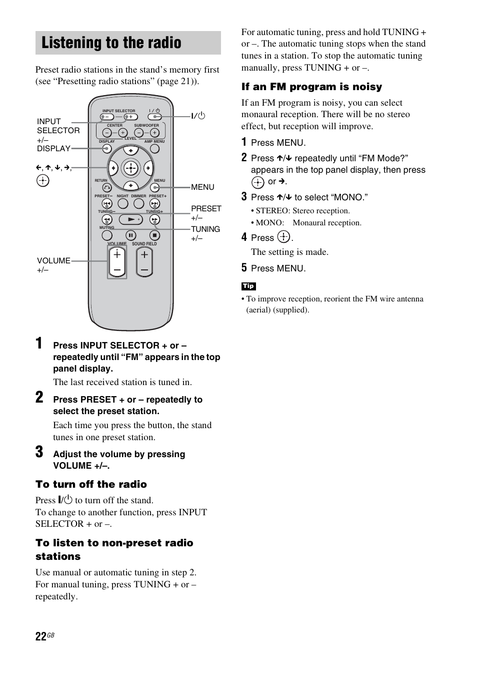 Listening to the radio, Ono (22), If an fm program is noisy | The last received station is tuned in, The setting is made | Sony RHT-G900 User Manual | Page 22 / 44