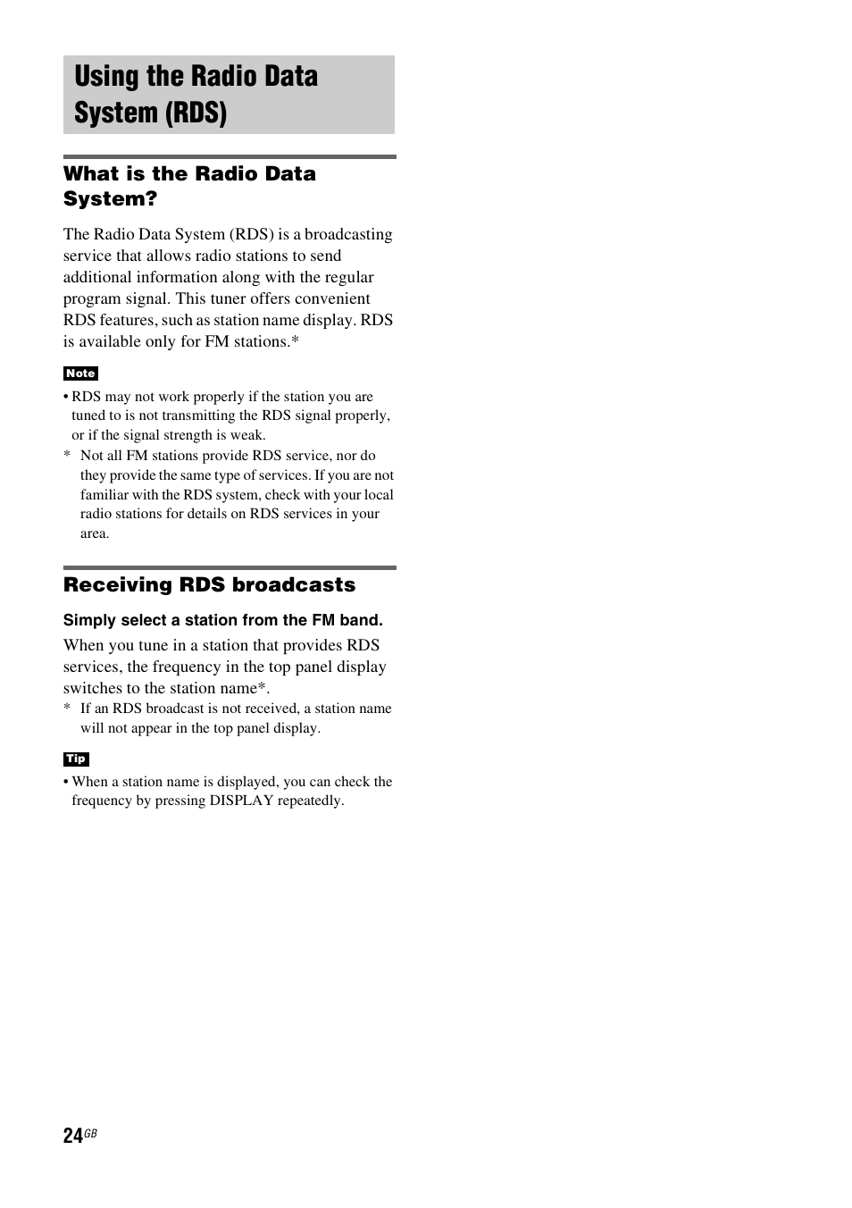 Using the radio data system (rds), What is the radio data system, Receiving rds broadcasts | Sony RHT-G900 User Manual | Page 24 / 44