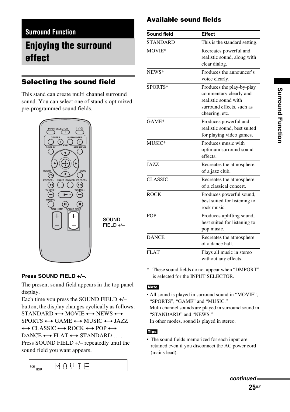 Surround function, Enjoying the surround effect, Selecting the sound field | Su rr oun d fun ctio n, Available sound fields | Sony RHT-G900 User Manual | Page 25 / 44