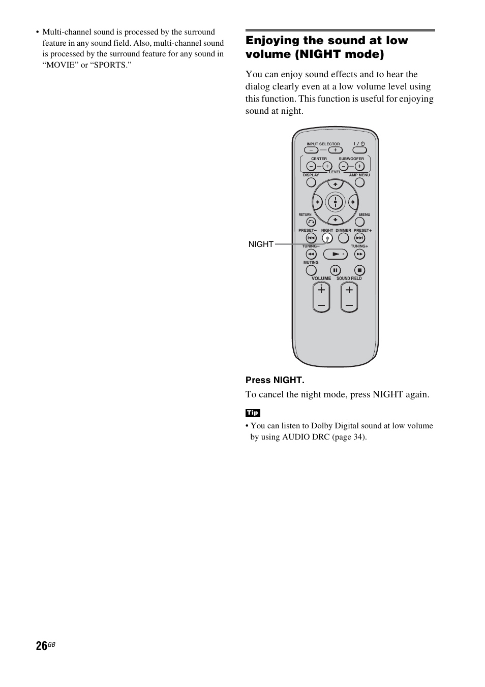 Enjoying the sound at low volume (night mode), Press night, Night | Sony RHT-G900 User Manual | Page 26 / 44