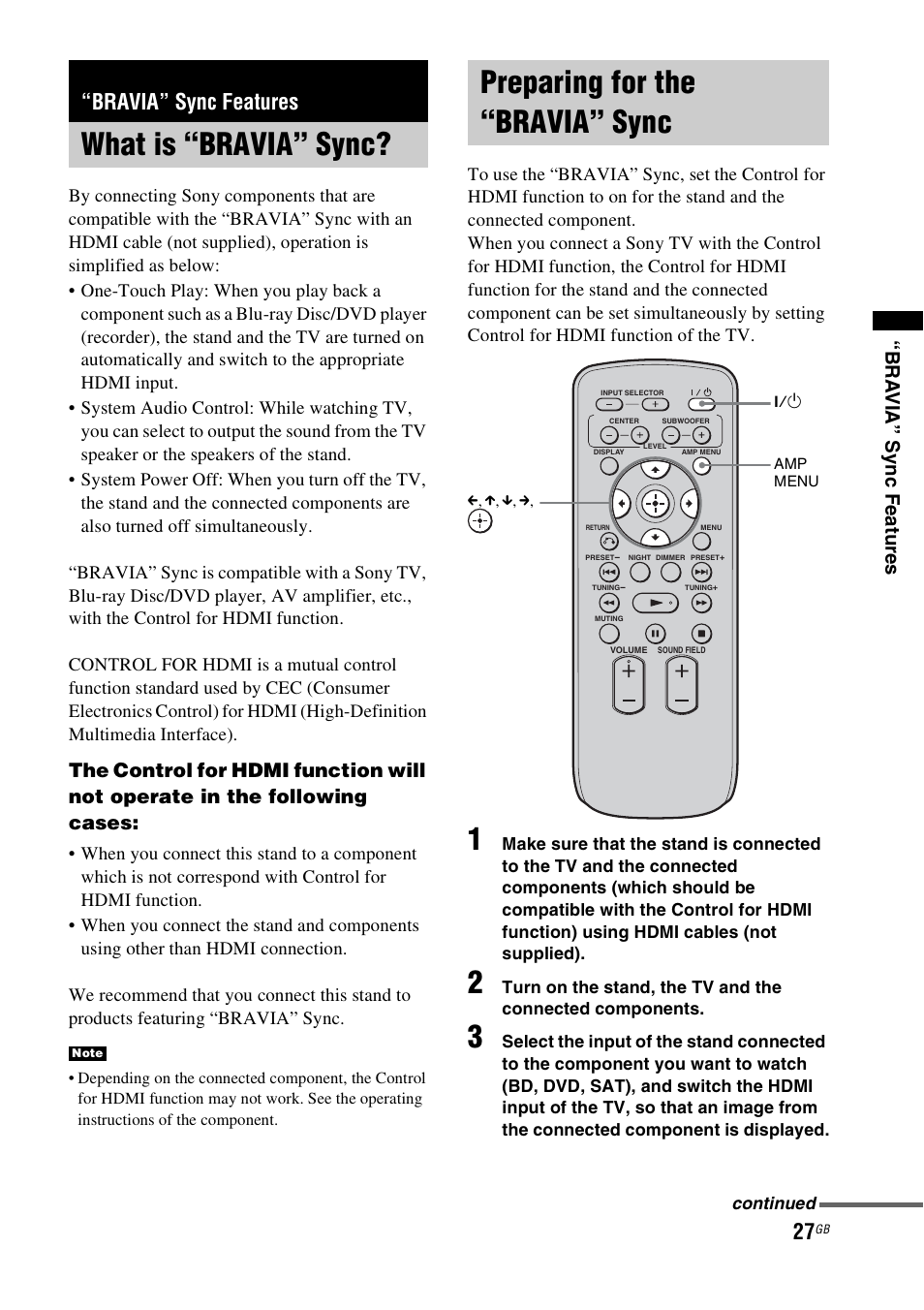 Bravia” sync features, What is “bravia” sync, Preparing for the “bravia” sync | Sony RHT-G900 User Manual | Page 27 / 44