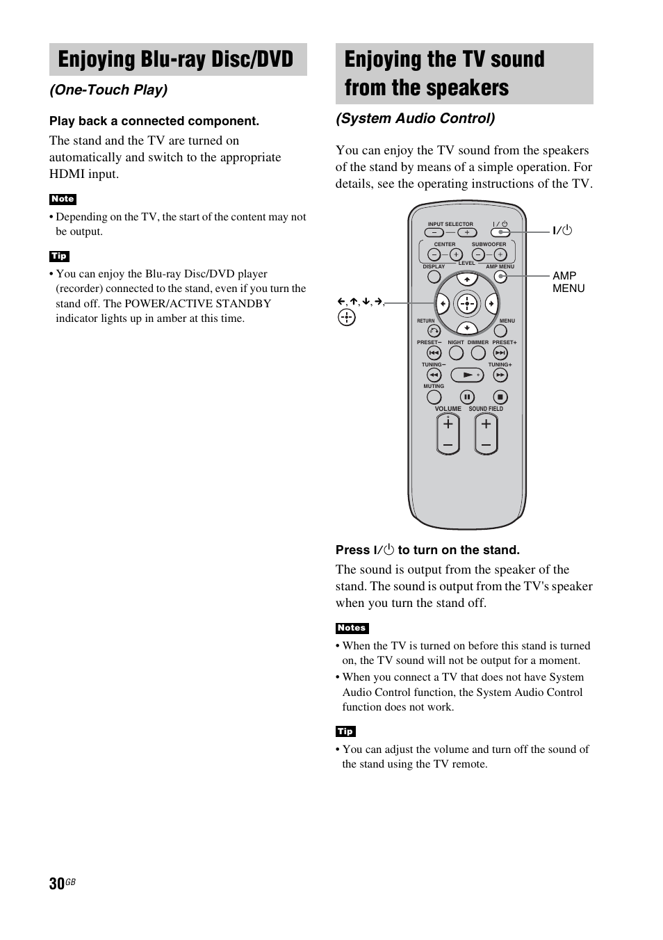 Enjoying blu-ray disc/dvd, Enjoying the tv sound from the speakers, One-touch play) | Enjoying the tv sound from the, Speakers (system audio control), System audio control), Play back a connected component, Press | Sony RHT-G900 User Manual | Page 30 / 44