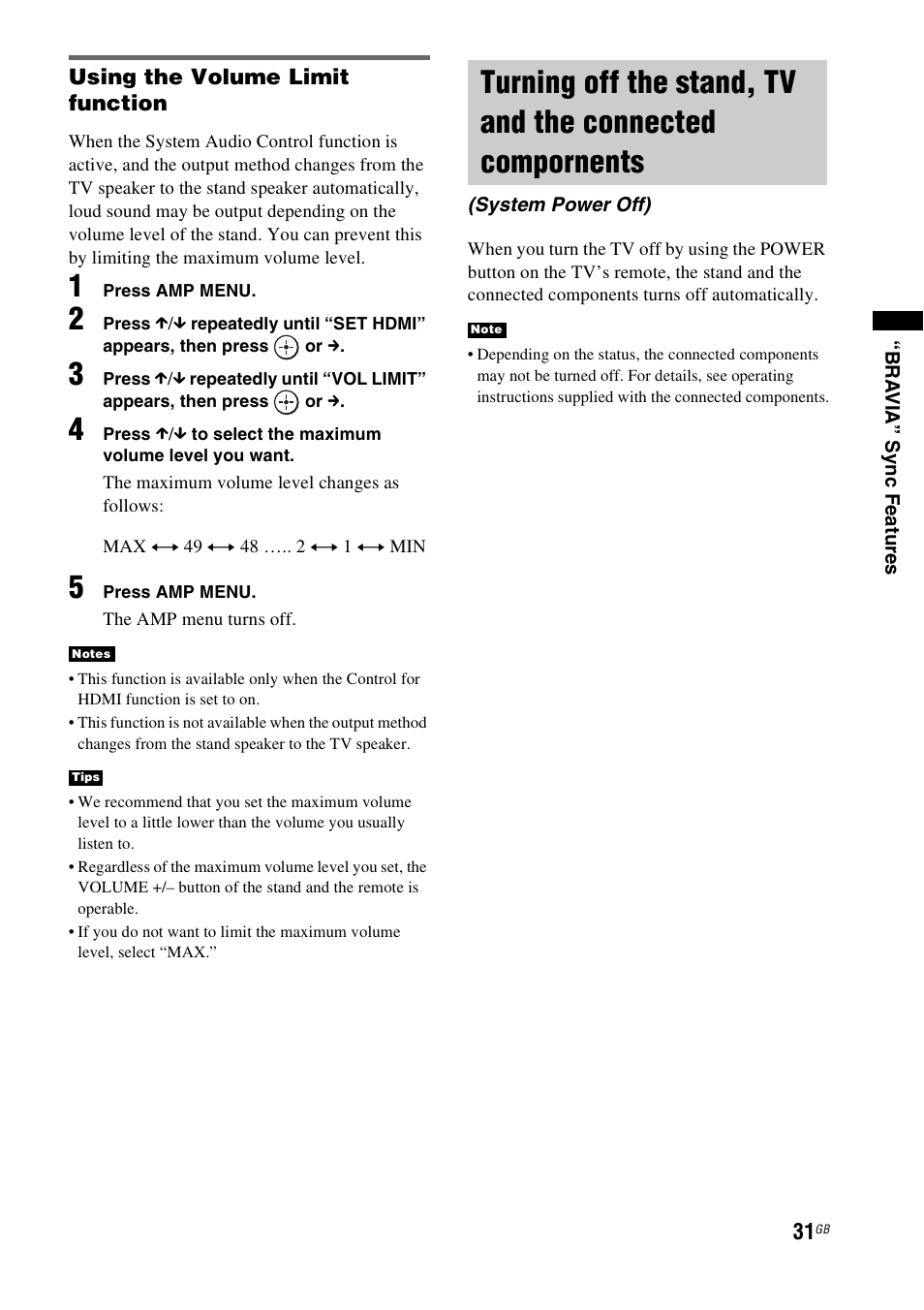 Turning off the stand, tv and the, Connected compornents (system power off) | Sony RHT-G900 User Manual | Page 31 / 44