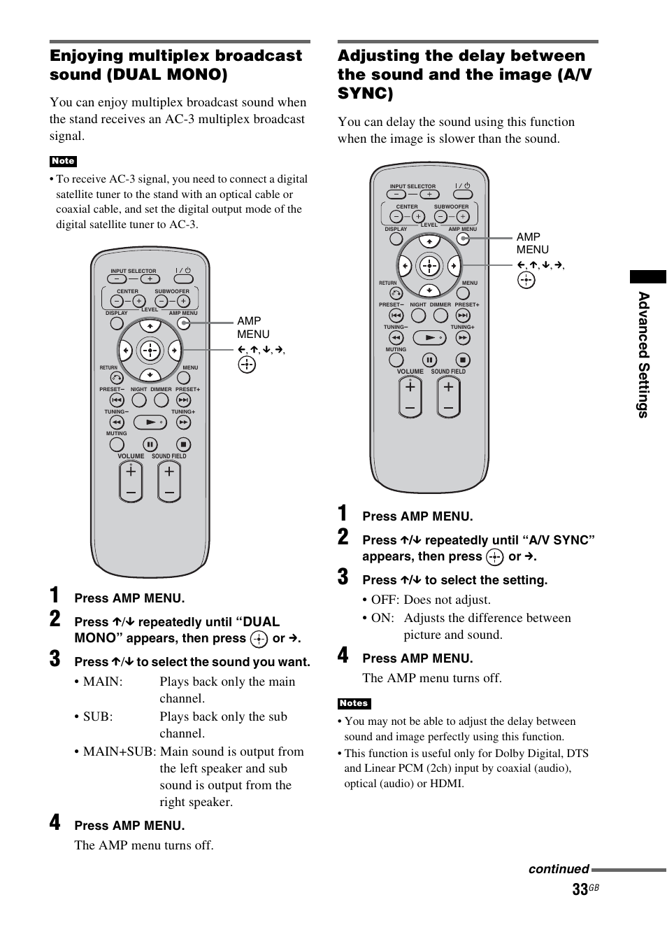 Enjoying multiplex broadcast sound (dual mono), Dual mono, The amp menu turns off | Sony RHT-G900 User Manual | Page 33 / 44