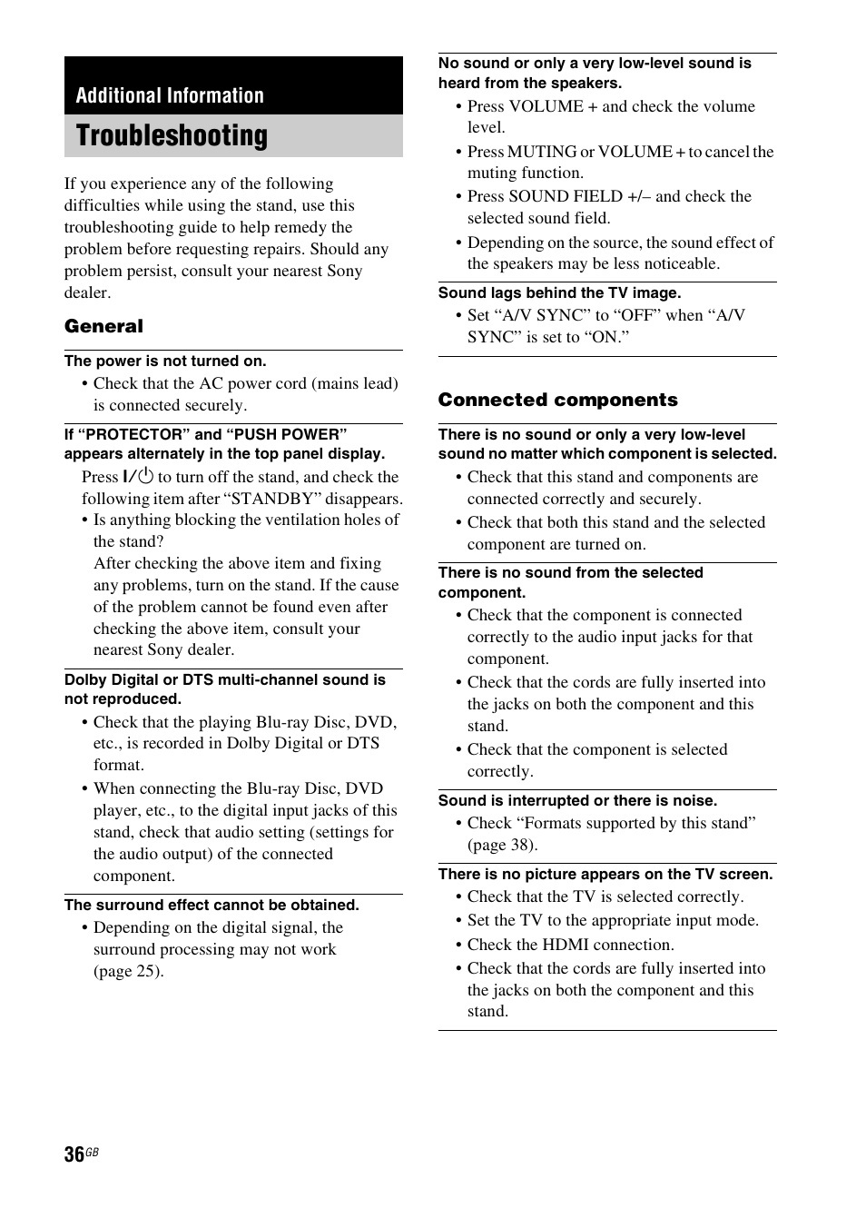 Additional information, Troubleshooting | Sony RHT-G900 User Manual | Page 36 / 44