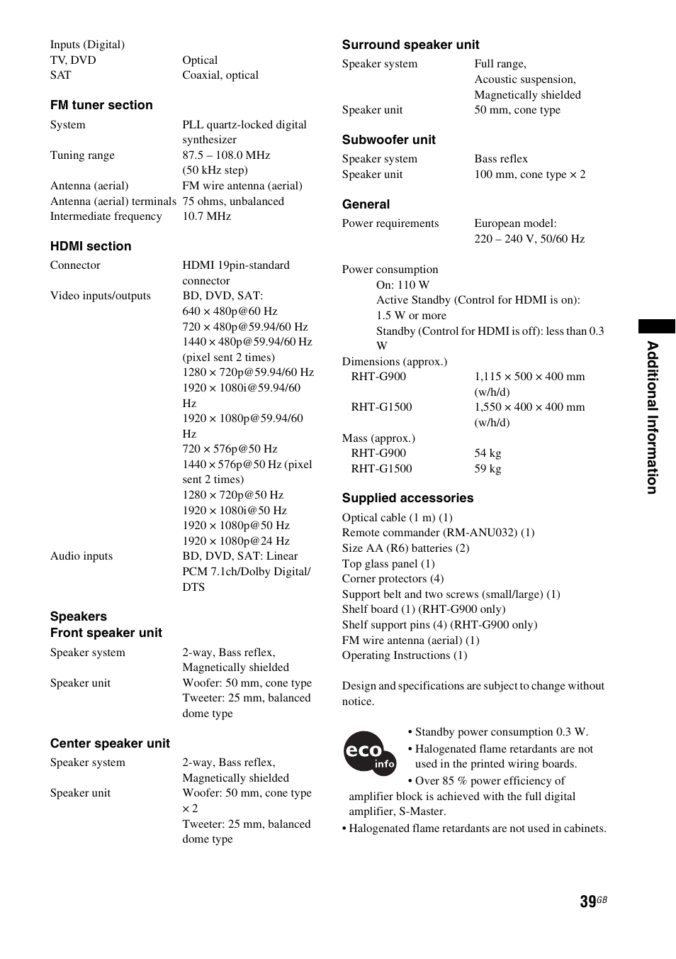 Ad dition al i n fo rm atio n | Sony RHT-G900 User Manual | Page 39 / 44