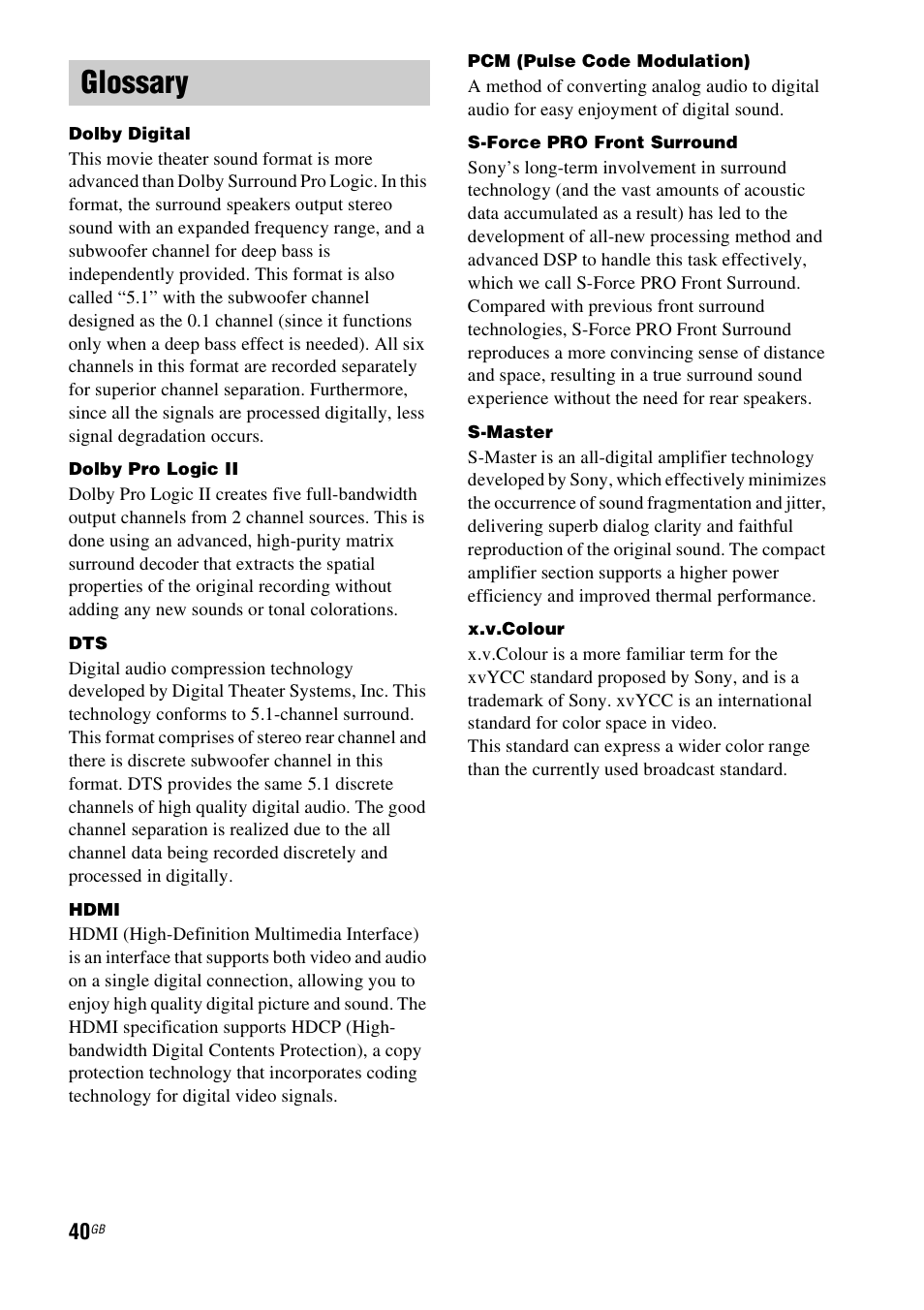 Glossary | Sony RHT-G900 User Manual | Page 40 / 44