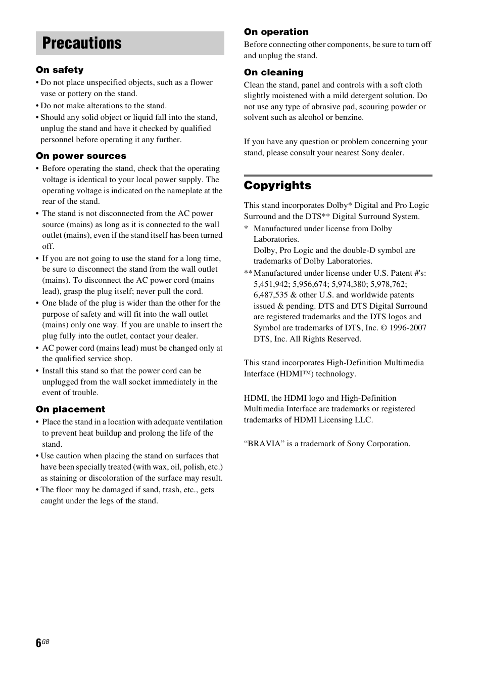 Precautions, Copyrights | Sony RHT-G900 User Manual | Page 6 / 44