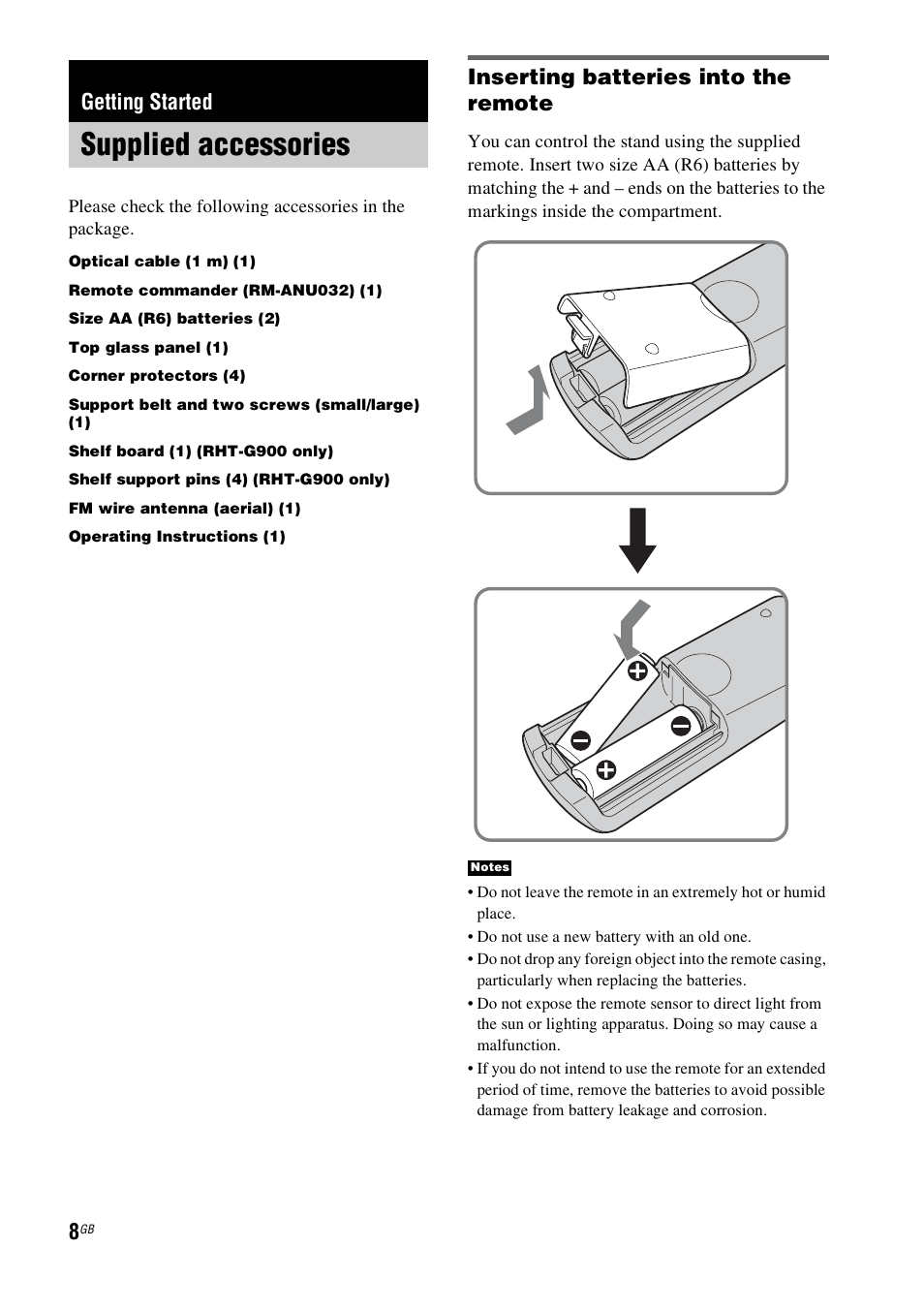 Getting started, Supplied accessories, Inserting batteries into the remote | Sony RHT-G900 User Manual | Page 8 / 44