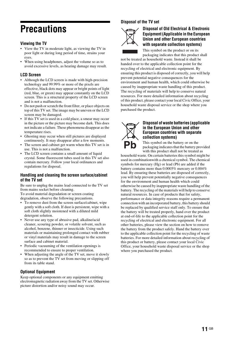 Precautions | Sony BRAVIA 4-127-735-12(1) User Manual | Page 11 / 44