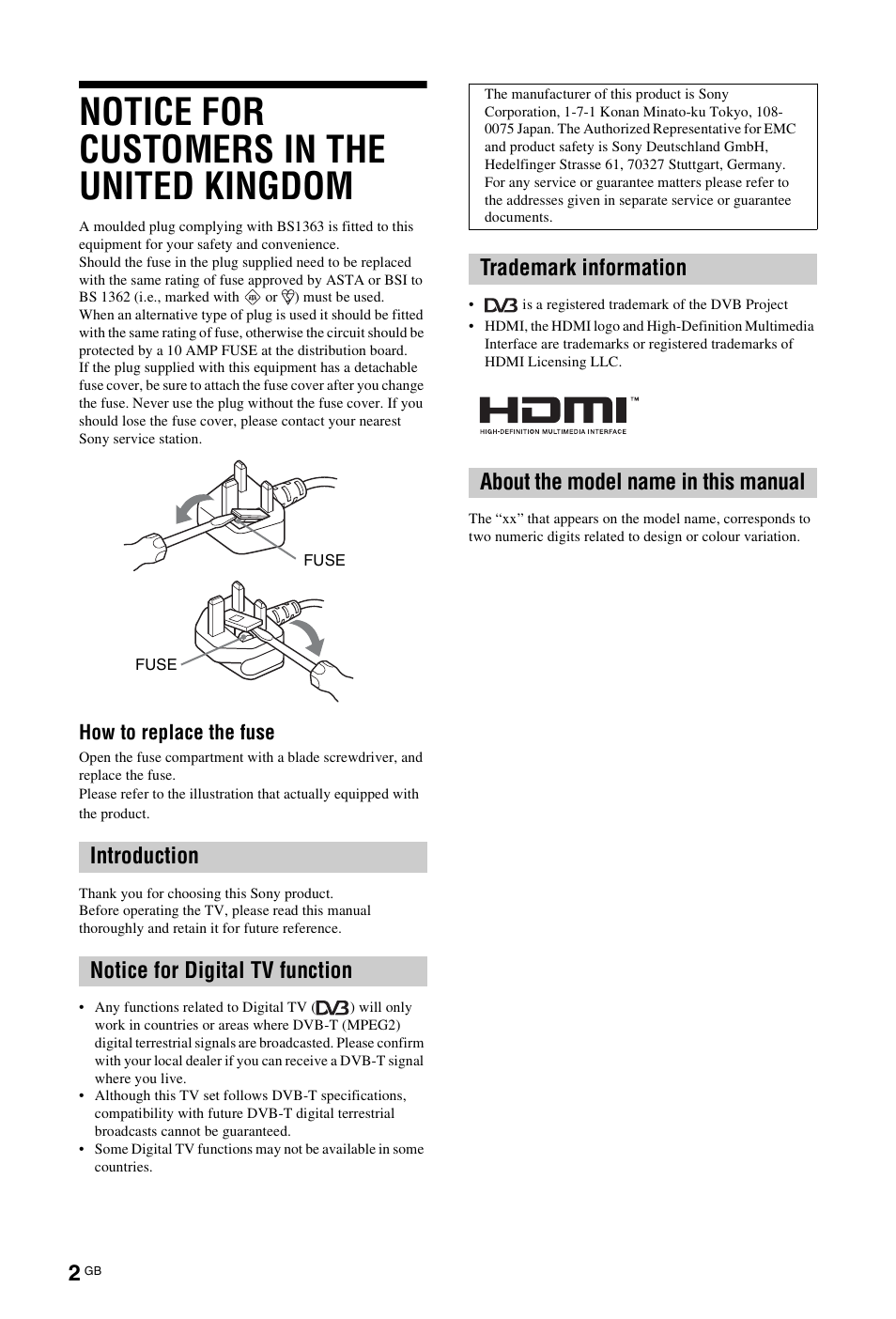 Notice for customers in the united kingdom, Introduction notice for digital tv function, How to replace the fuse | Sony BRAVIA 4-127-735-12(1) User Manual | Page 2 / 44