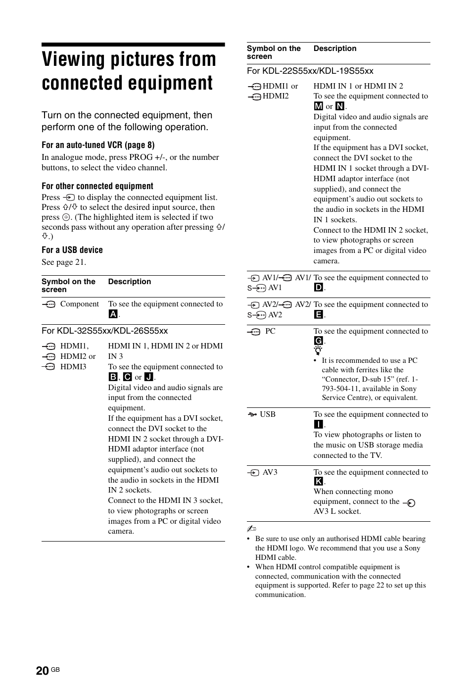 Viewing pictures from connected equipment | Sony BRAVIA 4-127-735-12(1) User Manual | Page 20 / 44