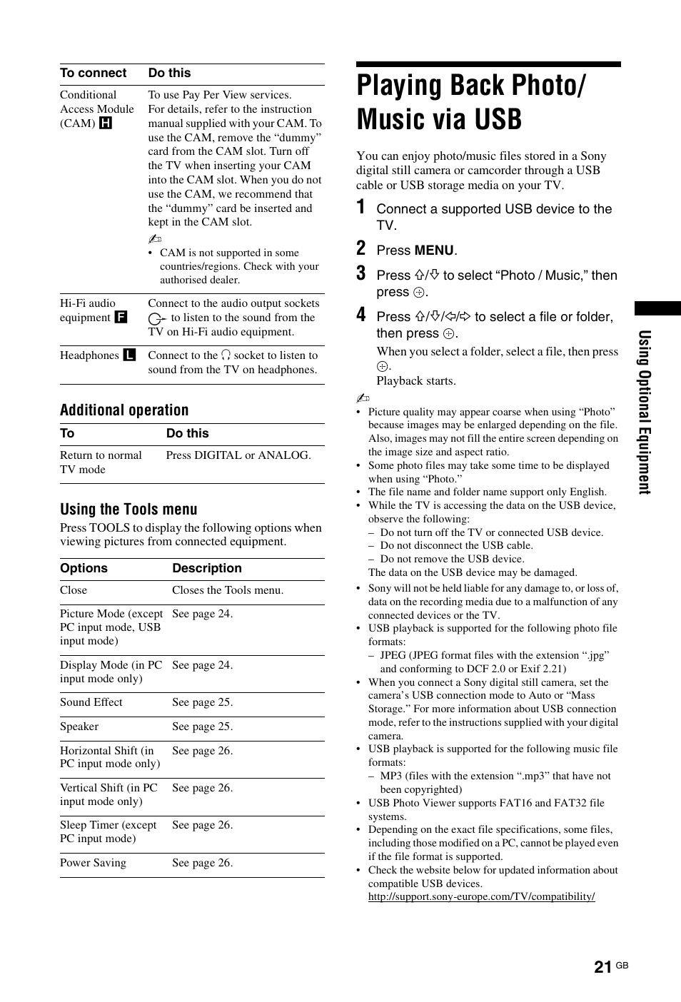 Playing back photo/ music via usb, Playing back photo/music via usb | Sony BRAVIA 4-127-735-12(1) User Manual | Page 21 / 44