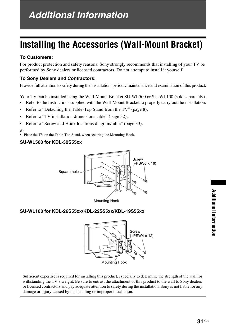 Additional information, Installing the accessories (wall-mount bracket) | Sony BRAVIA 4-127-735-12(1) User Manual | Page 31 / 44