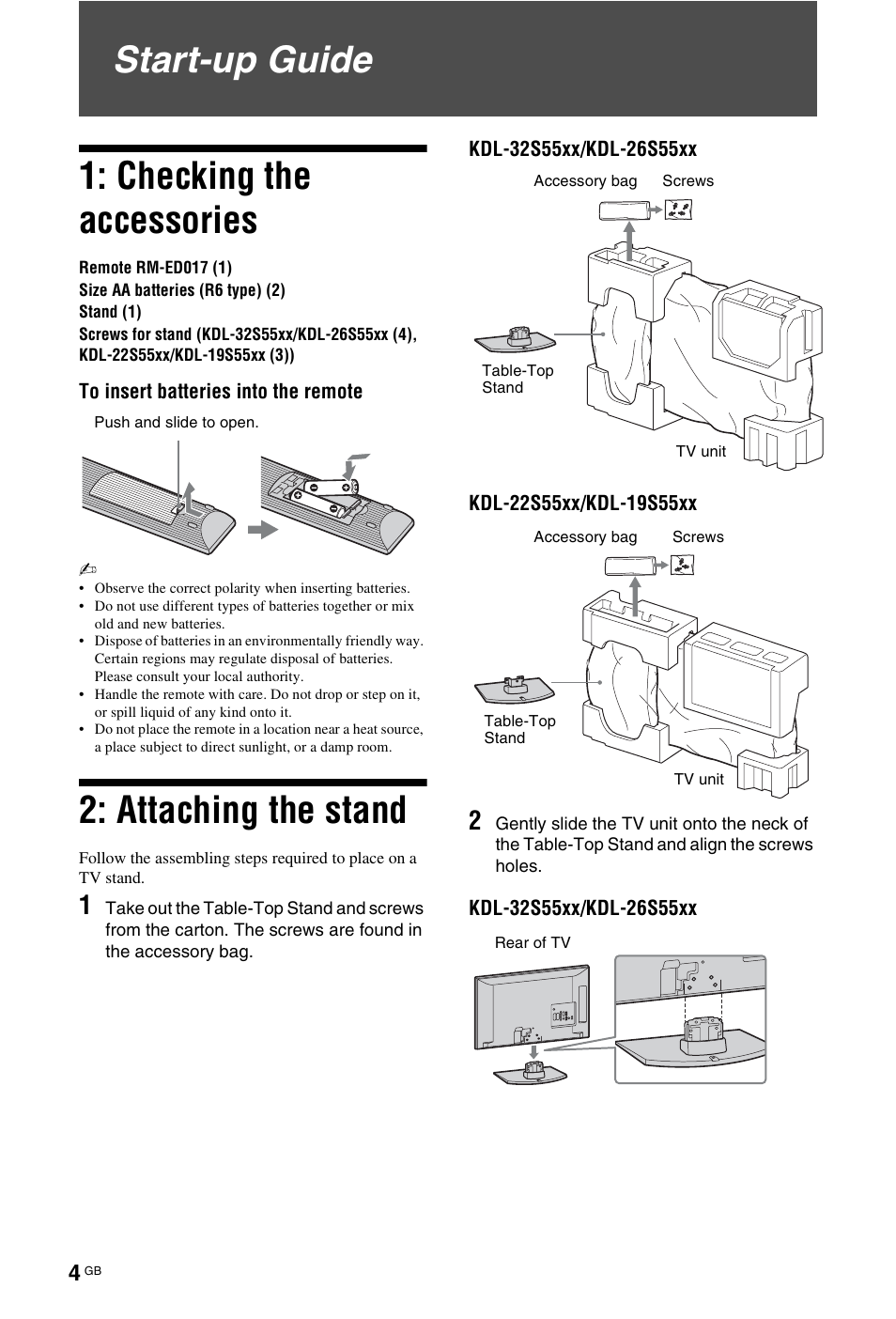 Start-up guide, Start-up guide 1: checking the accessories, Attaching the stand | Sony BRAVIA 4-127-735-12(1) User Manual | Page 4 / 44
