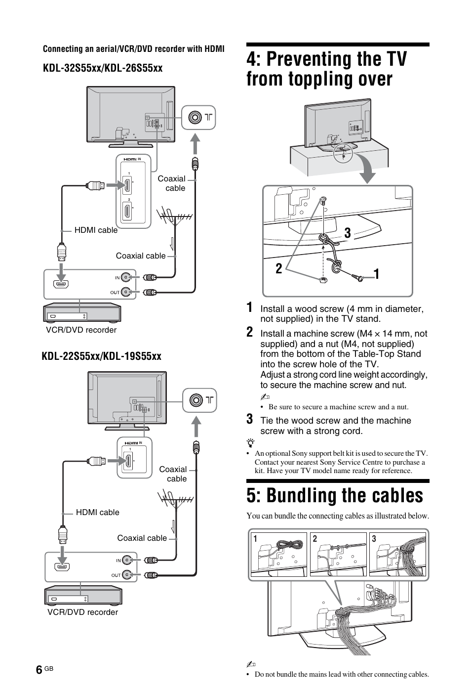 Preventing the tv from toppling over, Bundling the cables | Sony BRAVIA 4-127-735-12(1) User Manual | Page 6 / 44