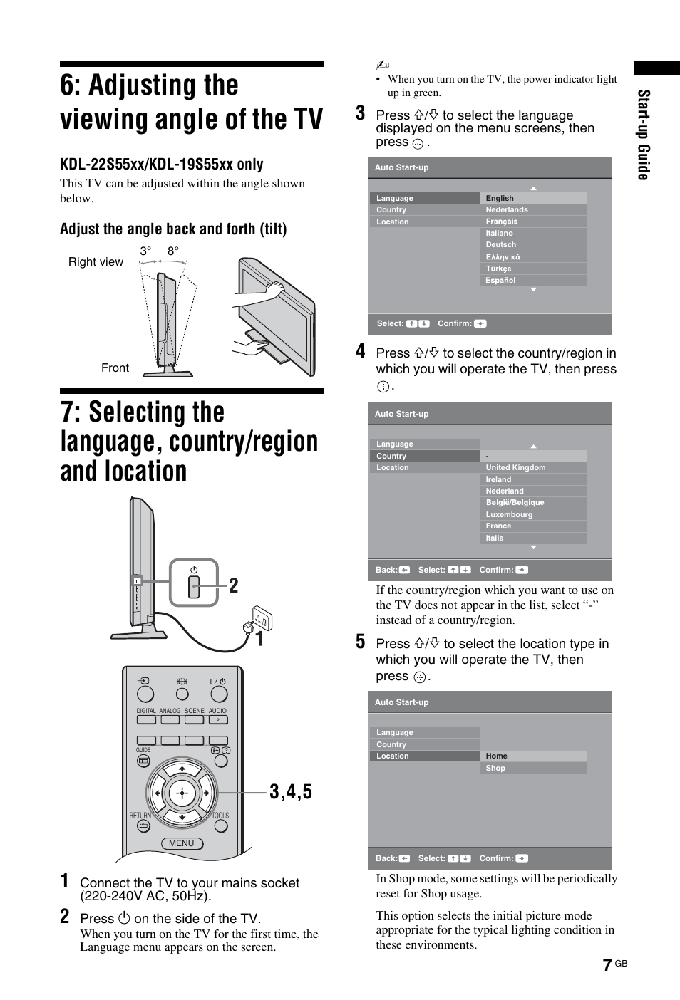 Adjusting the viewing angle of the tv, St art -u p gui d e, Adjust the angle back and forth (tilt) | Sony BRAVIA 4-127-735-12(1) User Manual | Page 7 / 44