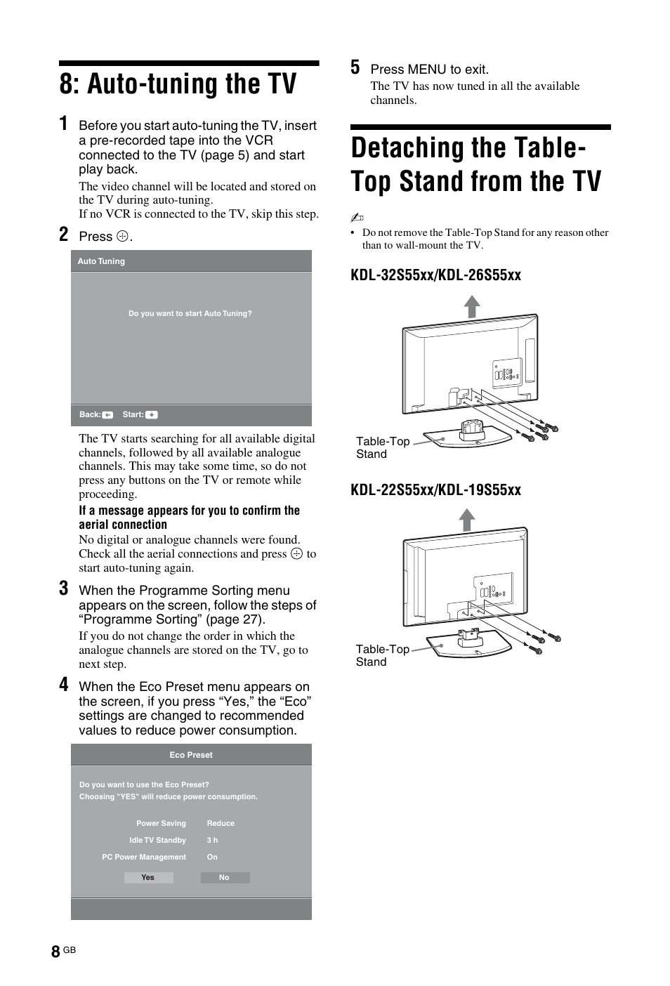 Auto-tuning the tv, Detaching the table- top stand from the tv | Sony BRAVIA 4-127-735-12(1) User Manual | Page 8 / 44