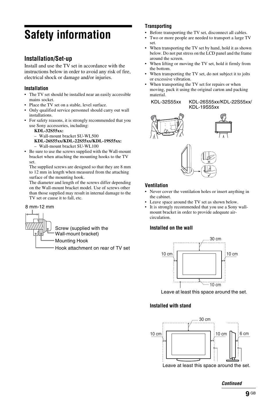 Safety information, Installation/set-up | Sony BRAVIA 4-127-735-12(1) User Manual | Page 9 / 44