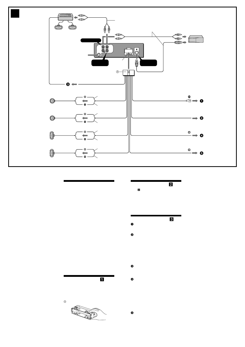 Precauciones, Lista de componentes ( 1 ), Ejemplo de conexiones ( 2 ) | Diagramas de conexión ( 3 ) | Sony CDX-CA580X User Manual | Page 2 / 4