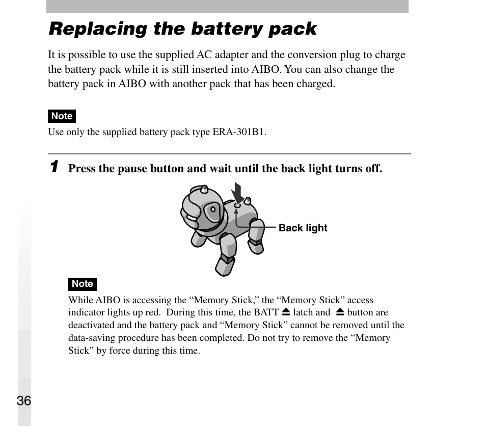 Replacing the battery pack | Sony ERS-31L User Manual | Page 36 / 64